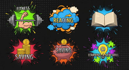 Vibrant Comic Pop Art Icons for Personal Growth and Self-Improvement Featuring Fitness, Reading, Saving Money, and Acquiring New Skills