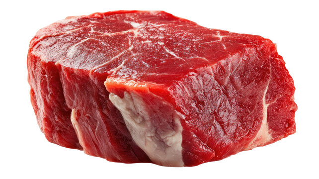 Raw beef meat showing fresh red steak cut with natural texture and uncooked protein food ingredient detail isolated on white background