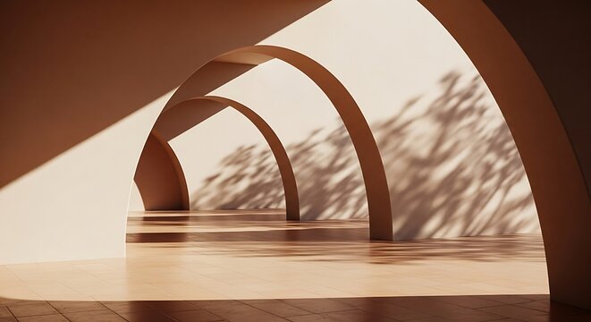 Architectural arches casting shadows in a sunlit modern space architecture hallway