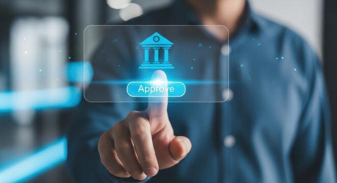 Banking Loan Approval: Finger Touching Holographic 'Approve' Button with Bank Building Icon for Financial Transaction, Loan Consent, and Digital Service