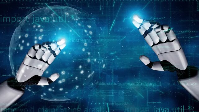 This image features futuristic robotic hands engaging with a digital interface filled with programming code, representing the intersection of technology and innovation in modern computing. Xenic - Powered by Adobe