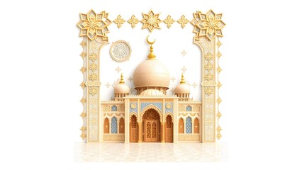 A highly detailed 3D Islamic background. Ornate golden mosque with dome and minarets, detailed floral patterns, bright lighting and soft shadows.