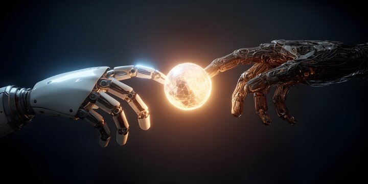 Futuristic robotic hands, one white and one metallic, nearly touching a glowing sphere in a low-key, dark environment.