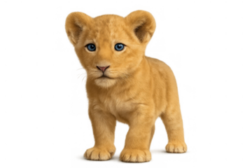 Lion cub with bright blue eyes standing, young feline animal illustration, transparent background