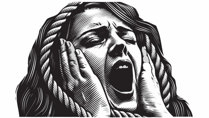 Stunning engraved illustration of a woman screaming in terror, feeling trapped and suffocating anxiety