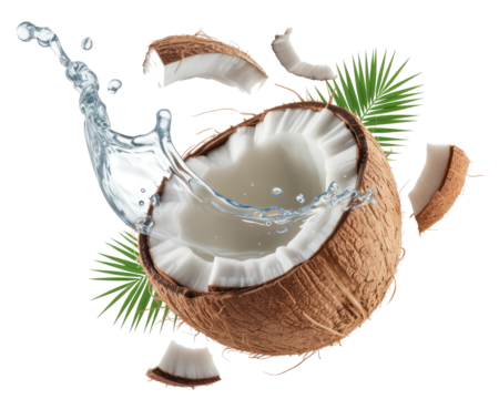 Cracked coconut with water splash and green palm leaf isolated on transparent background