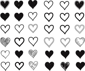 Collection of hand drawn heart shapes in various sketchy styles and textures for design