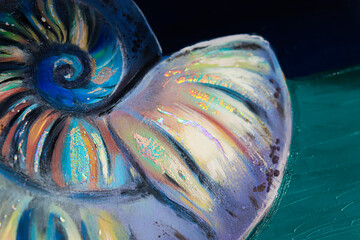 Oil painting - seascape. Beautiful mother-of-pearl shell. Art.