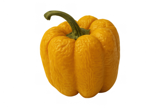 Wrinkling yellow bell pepper showing aging and decay, isolated on transparent background, reflecting food waste concept