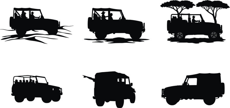 Safari vehicle silhouette set, off-road tour cars with passengers, acacia tree background, black and white vector, cad drawing flat vector illustration