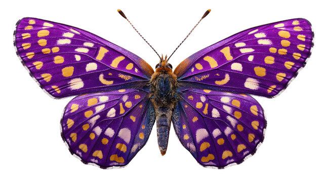 Purple butterfly with yellow spots showing delicate insect wings with vibrant color pattern and natural beauty detail isolated on white background