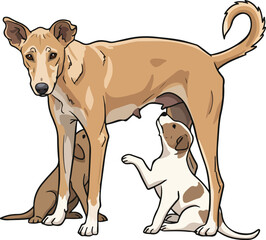 Emaciated dog nursing it s young puppies vector cartoon illustration