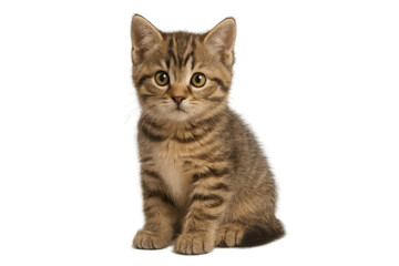 Kitten looking at camera, sitting with a curious expression, small domestic tabby cat with transparent background