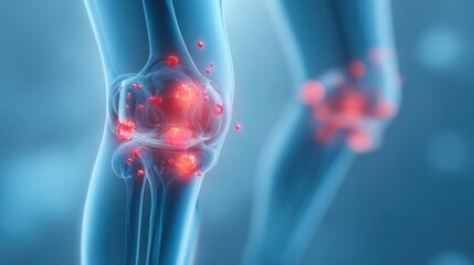 Knee Osteoarthritis: A detailed medical illustration showcasing the anatomy of a knee afflicted by Osteoarthritis, highlighting inflammation and damage in joint structure. 