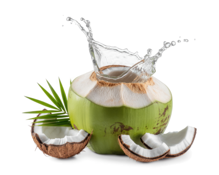 Fresh green coconut with water splash isolated on transparent background, refreshment drink