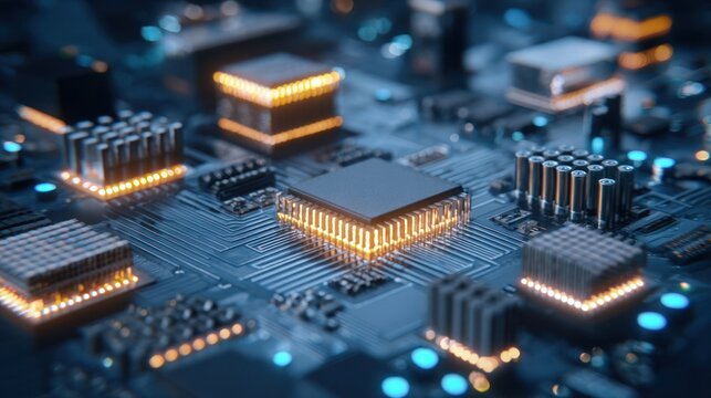 Circuitry's Symphony: An intricate dance of technology unfolds on a circuit board, where microchips hum with energy and data flows like an electric river.