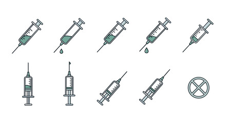 Set of minimalistic syringe icons with a white background, representing medical concepts, vaccinations, and drug administration. These vector cartoon illustrations are perfect for apps, graphics, and