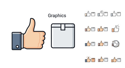 Minimalistic icon set featuring a thumb-up gesture and a box, representing graphics, apps, and concepts. This vector cartoon illustration on a white background includes various styles and color
