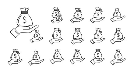 Collection of line art icons depicting a hand holding a money bag with a dollar sign, symbolizing financial transactions, wealth, and investment opportunities, isolated on a white background for