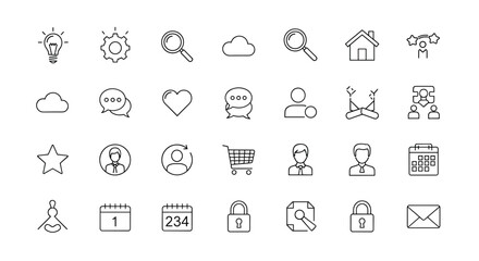 A comprehensive collection of simple, linear outline icons suitable for web, books, cards, and apps, featuring a white background and editable stroke for versatile graphic design applications