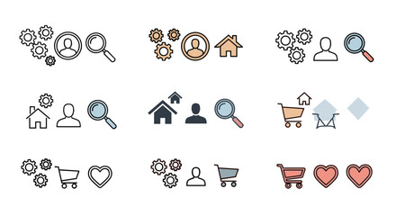 Collection of diverse line icons in multiple styles, featuring gears, user profiles, magnifying glasses, houses, shopping carts, and hearts, presented on a clean white background for versatile design