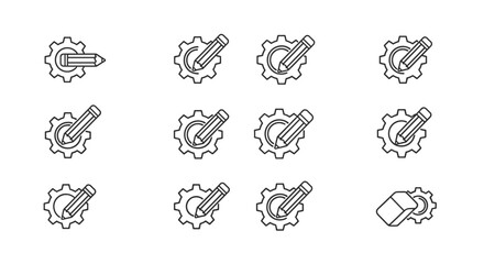 A collection of minimalistic line icons featuring gears intertwined with pencils, symbolizing creation, development, and problem-solving in design and technology. This set includes variations of the