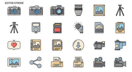 A vibrant and diverse collection of photography and image-related icons, featuring cameras, tripods, lenses, memory cards, photo albums, and video cameras, all rendered in a clean, editable stroke