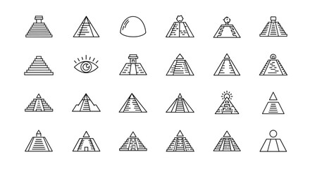 Collection of Thin Line Icons Representing Pyramids and Ancient Structures, Perfect for Web Sites, Books, Cards, and Apps. Editable Stroke Vector Cartoon Illustrations on a White Background, Evoking