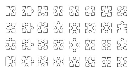 Collection of simple, hand-drawn outline puzzle pieces in a grid formation, perfect for representing concepts of connection, problem-solving, and teamwork in infographics, articles, books, flyers