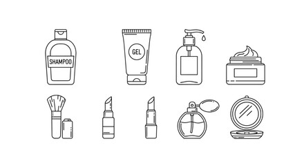 Set of minimalistic linear icons representing beauty and skincare products, including shampoo bottle, gel tube, lotion dispenser, cream jar, makeup brush, lipsticks, perfume bottle, and compact