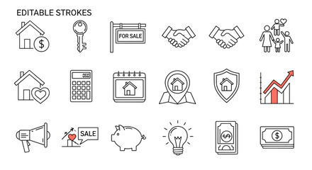 Editable stroke line icon set for real estate business, including house with dollar sign, key, for sale sign, handshake, family, calculator, calendar, map pin, shield, growth chart, megaphone, piggy