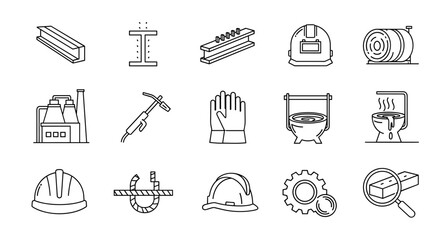 Set of outline icons related to steel industry and construction, featuring I-beams, welding equipment, safety helmets, industrial factory, gears, and quality control magnifying glass, presented as a