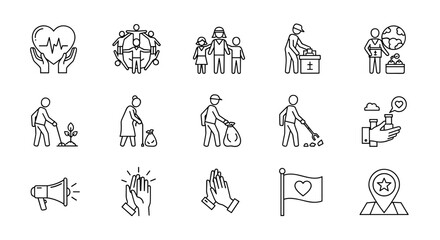 Fototapeta premium Set of clean line icons representing volunteerism and community service, including heart with pulse, people in circle, family, donation box, global aid, planting, elderly care, trash collection