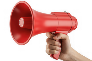 Hand holding a red megaphone against a black background