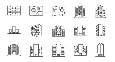 Collection of outline icons representing architectural elements and buildings, including a brick wall, floor plans of apartments, various modern skyscrapers, office buildings, and residential
