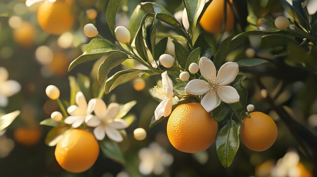 Fragrant neroli blossoms and citrus fruits on orange tree with white flowers and fresh green leaves