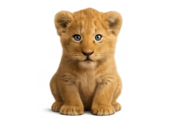 Lion cub sitting, looking forward with blue eyes, young jungle animal on transparent background