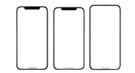 Three modern smartphones displayed vertically against a stark black background