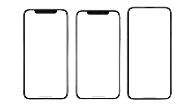 Three modern smartphones displayed vertically against a stark black background