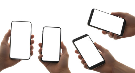 Multiple hands holding modern smartphones with dark screens against a black background