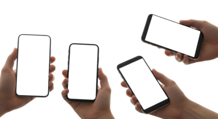 Multiple hands holding modern smartphones with dark screens against a black background