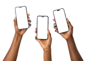 Three hands holding up smartphones with black screens against a dark background