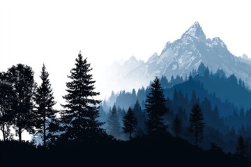 Silhouetted forest against a misty mountain range