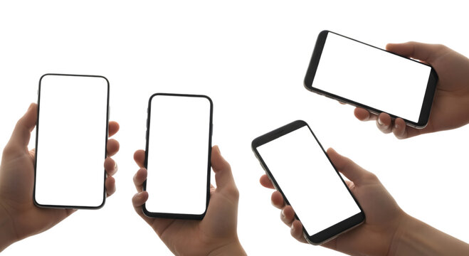 Multiple hands holding modern smartphones with dark screens against a black background