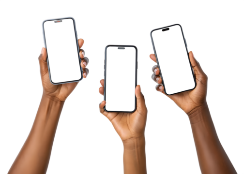 Three hands holding up smartphones with black screens against a dark background