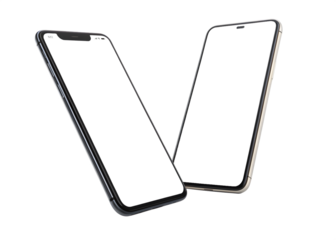 Two modern smartphones with dark screens angled against a black background
