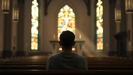 pew. A solitary worshipper in a church pew, illuminated by soft light filtering through stained glass. event programs, museum guides, designed for cultural heritage projects and event programs.