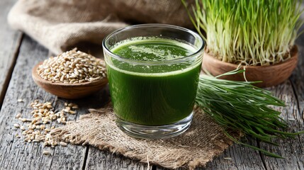 Wheatgrass juice.Fresh green juice made from wheatgrass and other natural ingredients, served in a glass with sesame seeds and wheatgrass sprigs, ideal for healthy lifestyle enthusiasts.
