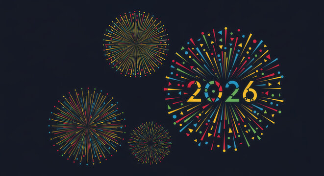 Bright, colorful fireworks explode 2026 like a starry flower in the night sky, perfect for a New Year's celebration illustration or event