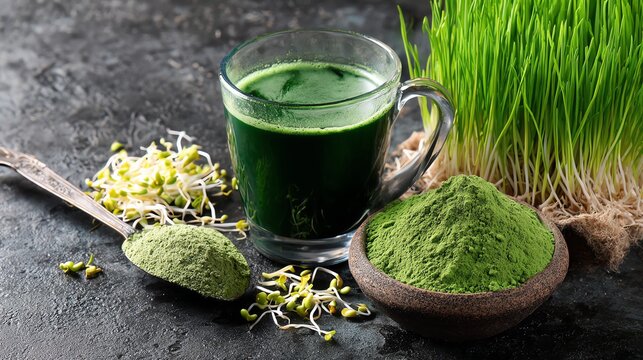 .Wheatgrass juice.A refreshing green beverage made from nutrient-rich powder, accompanied by sprouts and fresh grass. Perfect for health enthusiasts seeking a rejuvenating drink.